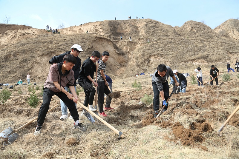 09——师生在山坡上种植绿化苗木。