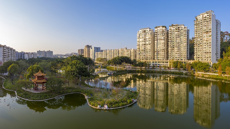 1、2021年12月14日，航拍广西梧州市潘塘湿地公园湖光斑斓，绿意盎然，景美如画，一派宁静。