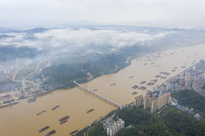 2、2022年6月3日，西江黄金水道广西梧州市区段云雾飘渺，货船来往穿梭，交通顺畅，一派欣欣向荣景象。（何华文）