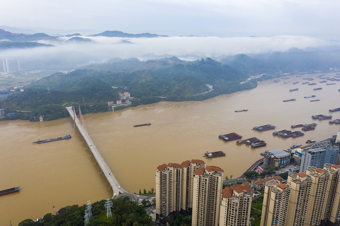 10、2022年6月3日，西江黄金水道广西梧州市区段云雾飘渺，货船来往穿梭，交通顺畅，一派欣欣向荣景象。（何华文）