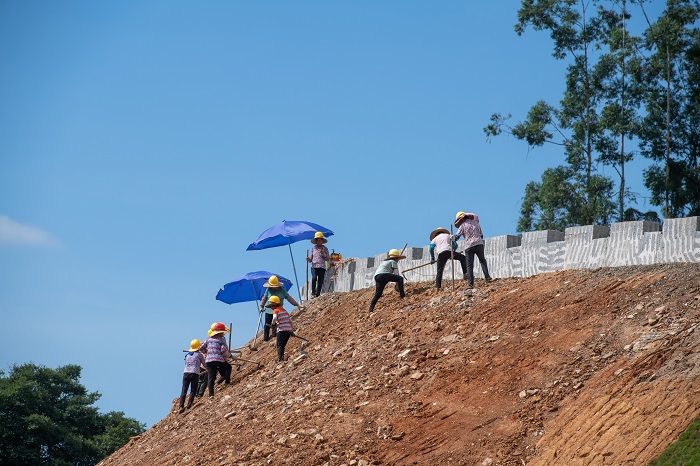 11、2022年8月21日，广西梧州市三总府文化旅游博览区项目建设工地工人们正顶着酷暑紧张的作业。（何华文）